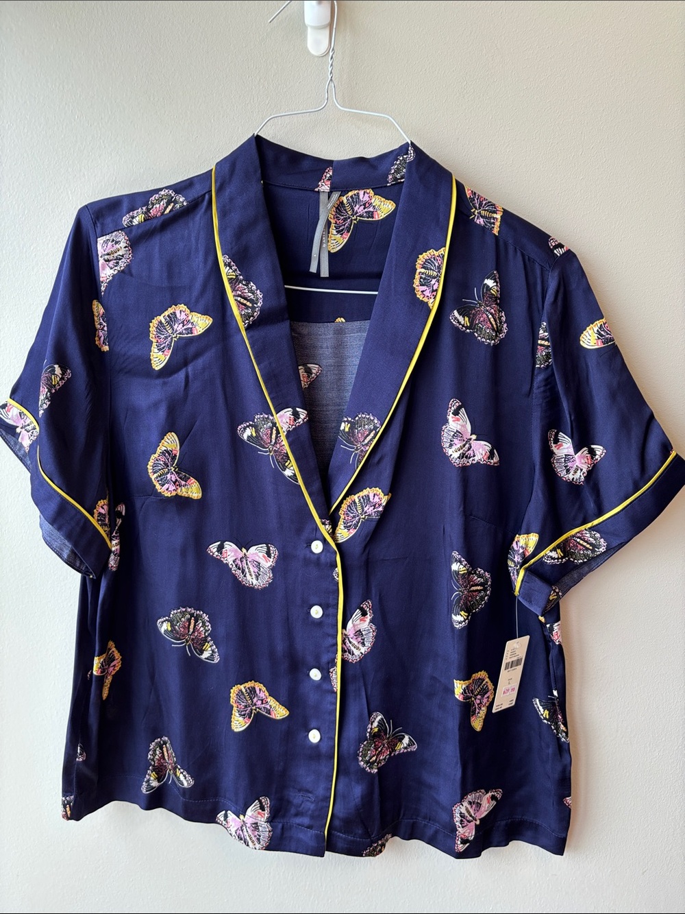 Anthropologie Navy Butterfly Button-Up Top with Yellow Piping